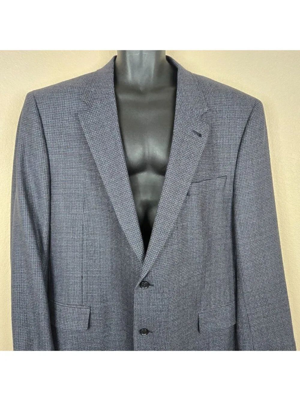 Jos A Bank Signature Mens Wool Sport Coat Blazer 48L Blue Houndstooth 2 Button N